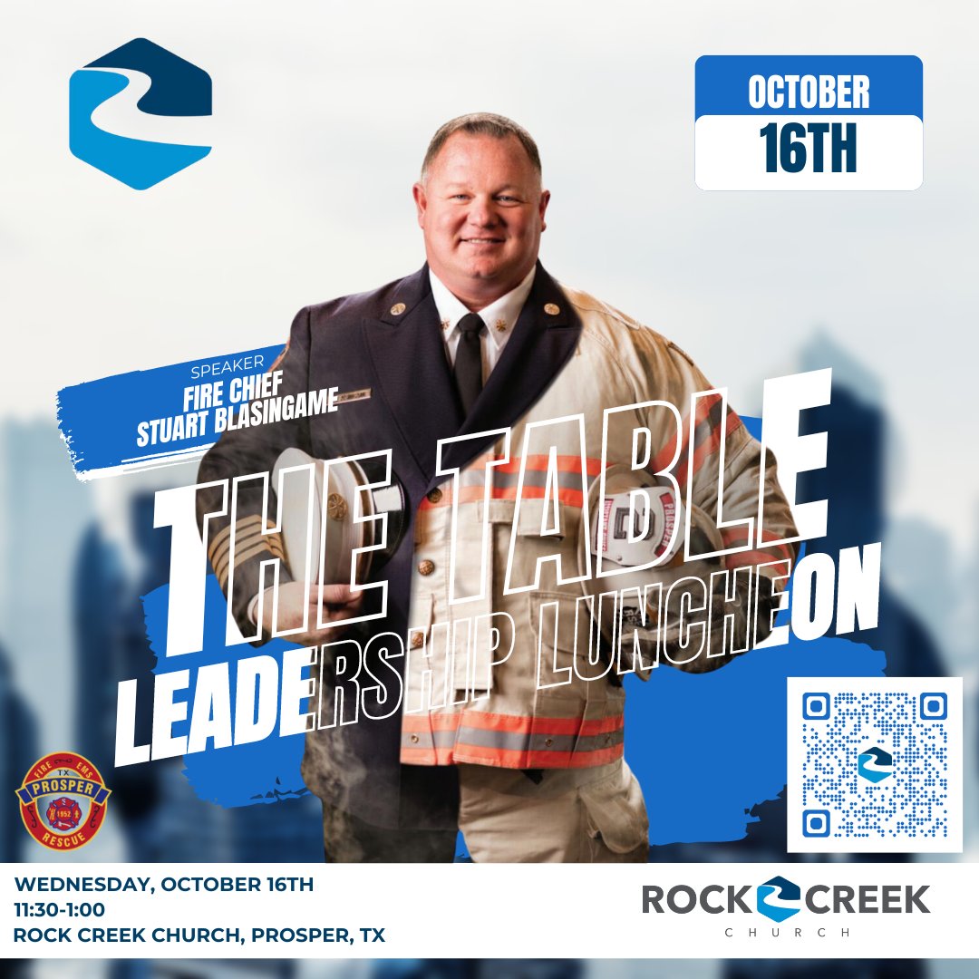 Join us at The Table: Leadership Luncheon at Rock Creek Church!

Event Details:
Date: Wednesday, October 16th
Time: 11:30 AM - 1:00 PM
Location: Rock Creek Church, Prosper, TX

Click here to register: rockcreekgroups.churchcenter.com/registrations/…

#Leadership #MentalHealthMatters <a href="/ProsperFireDept/">Prosper Fire Rescue</a>
