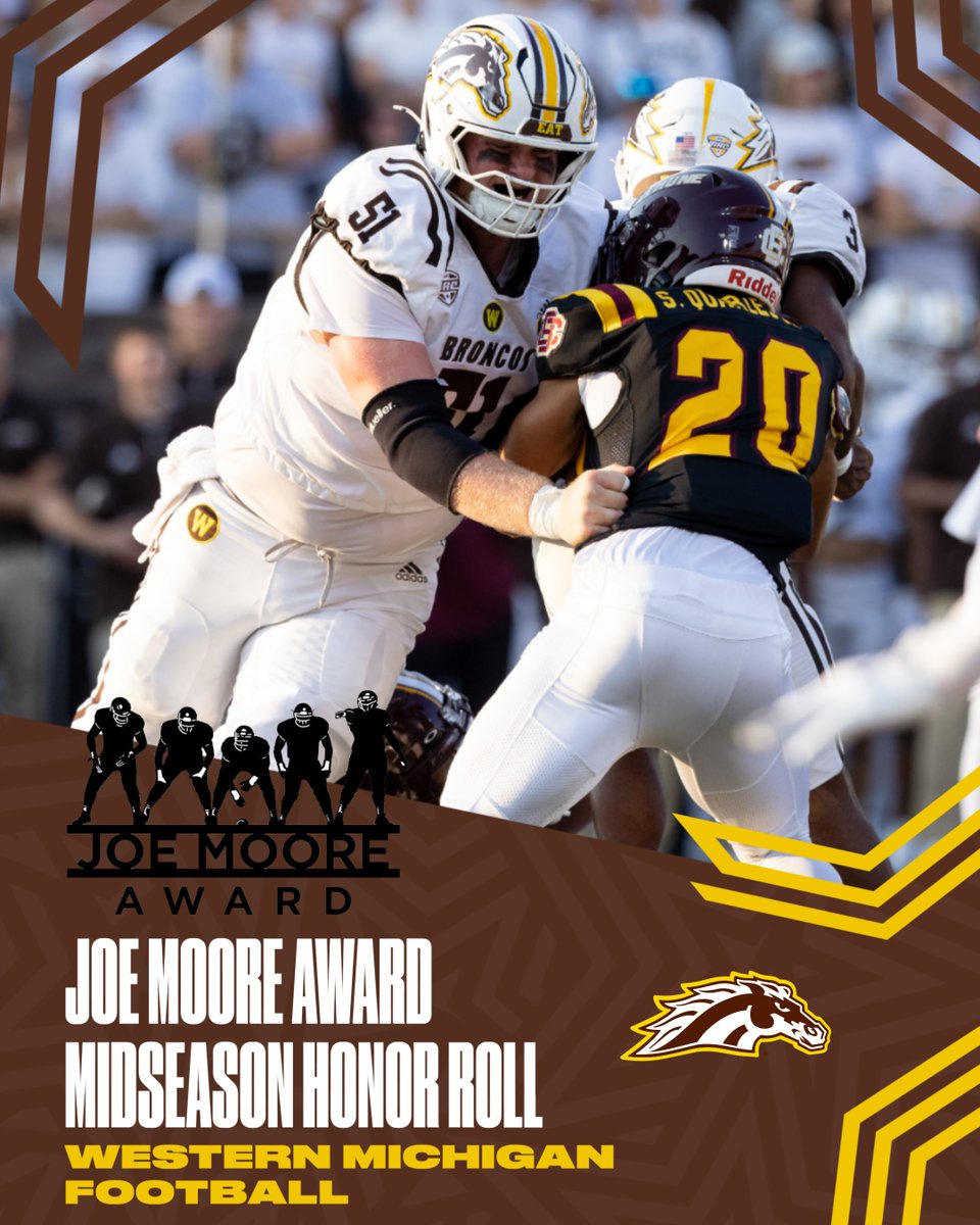 Western Michigan Football (@wmu_football) on Twitter photo Congratulations to <a href="/CoachTMendelson/">Trevor Mendelson</a> and the WMU Offensive Line for being named to the <a href="/JoeMooreAward/">Joe Moore Award</a> 2024 Midseason Honor Roll! The Broncos are just one of 22 teams in the nation to earn the honors.
DETAILS: wmubroncos.com/news/2024/10/1… Congratulations to <a href="/CoachTMendelson/">Trevor Mendelson</a> and the WMU Offensive Line for being named to the <a href="/JoeMooreAward/">Joe Moore Award</a> 2024 Midseason Honor Roll! The Broncos are just one of 22 teams in the nation to earn the honors.
DETAILS: wmubroncos.com/news/2024/10/1…