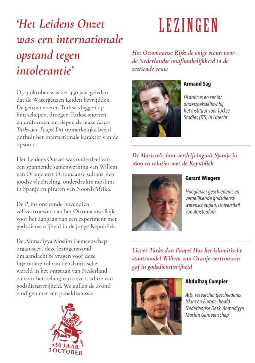 WareIslamNL's tweet photo. Donderdag 24 oktober: lezingenavond. “Liever Turks dan Paaps: Het Leidens Ontzet en de islamitische wereld.” 

Lezingen van Armand Sag, Gerard Wiegers en Abdulhaq Compier. Bibliotheek BplusC Leiden, 18:30-21:00. 

Toegang gratis. Meld u aan:
https://t.co/zgS4lUdI6T https://t.co/5Z7CdfRr5g