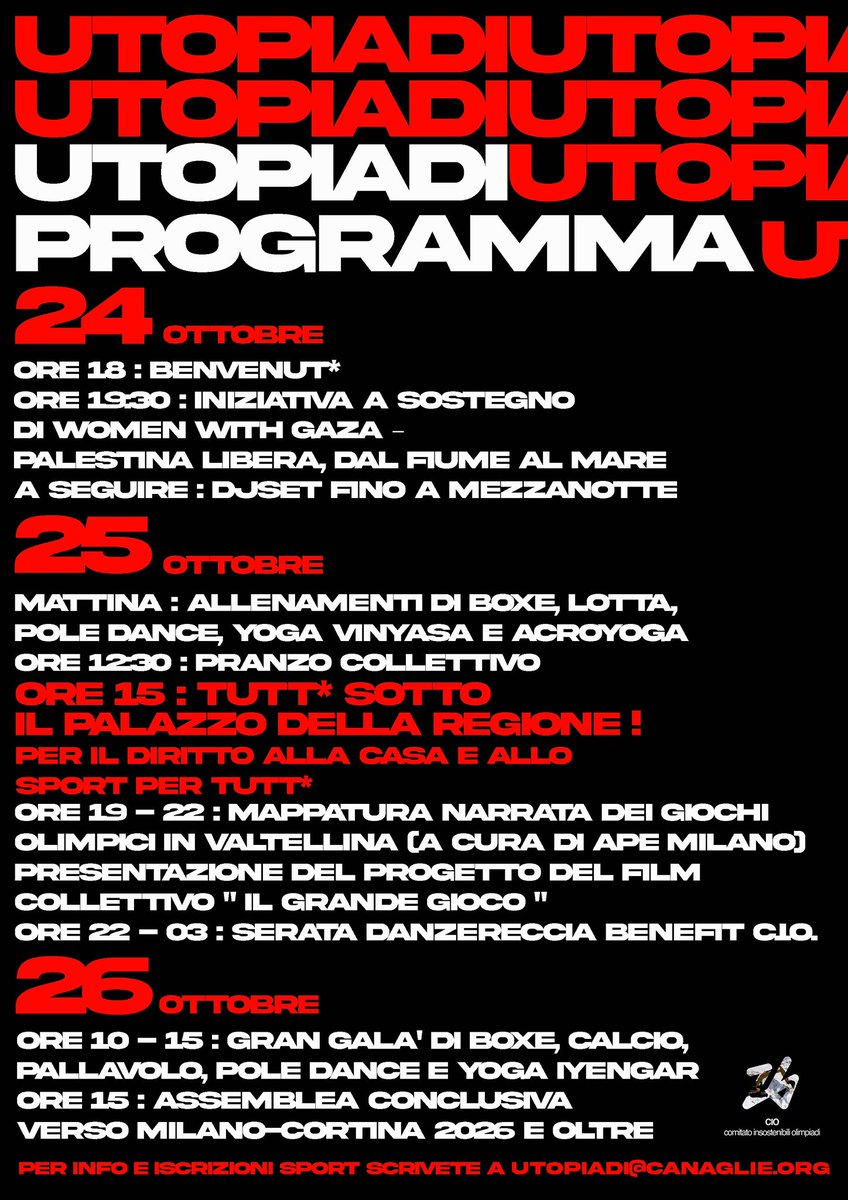 OffTopic_lab's tweet image. Riprendiamoci la città riprendiamoci lo sport #Utopiadi #Milano 25-27 ottobre info&aggiornamenti 👉🏿 cio2026.org/articoli/utopi… mercoledì 16/10 h2030. Assemblea cittadina di presentazione e convergenza a #ZAM