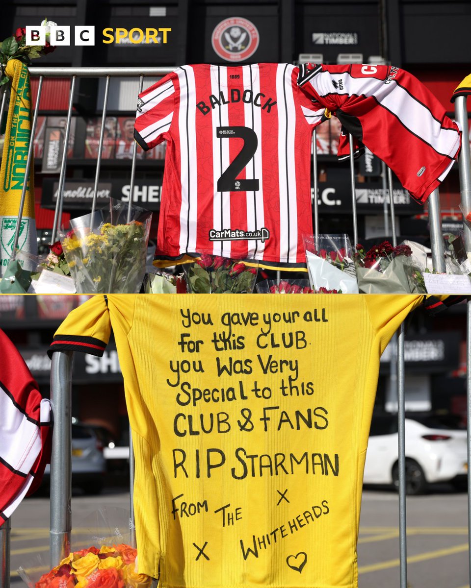 "RIP starman." 

Sheffield United fans have paid tribute to George Baldock outside Bramall Lane.

#BBCFootball