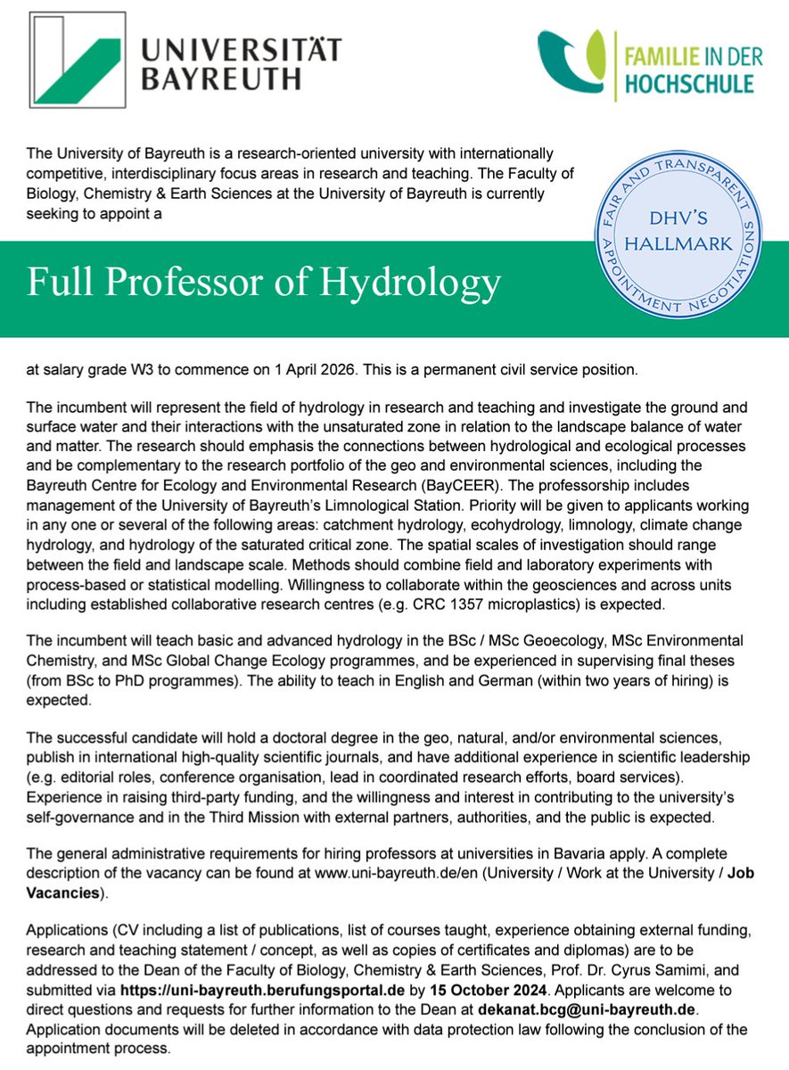 My alma mater from my bachelor studies <a href="/unibt/">Universität Bayreuth</a>  is looking for a hydrology professor. Deadline is Oct. 15! As a bachelor student in geoecology almost 20 (!!) years ago, I really enjoyed the research environment there.