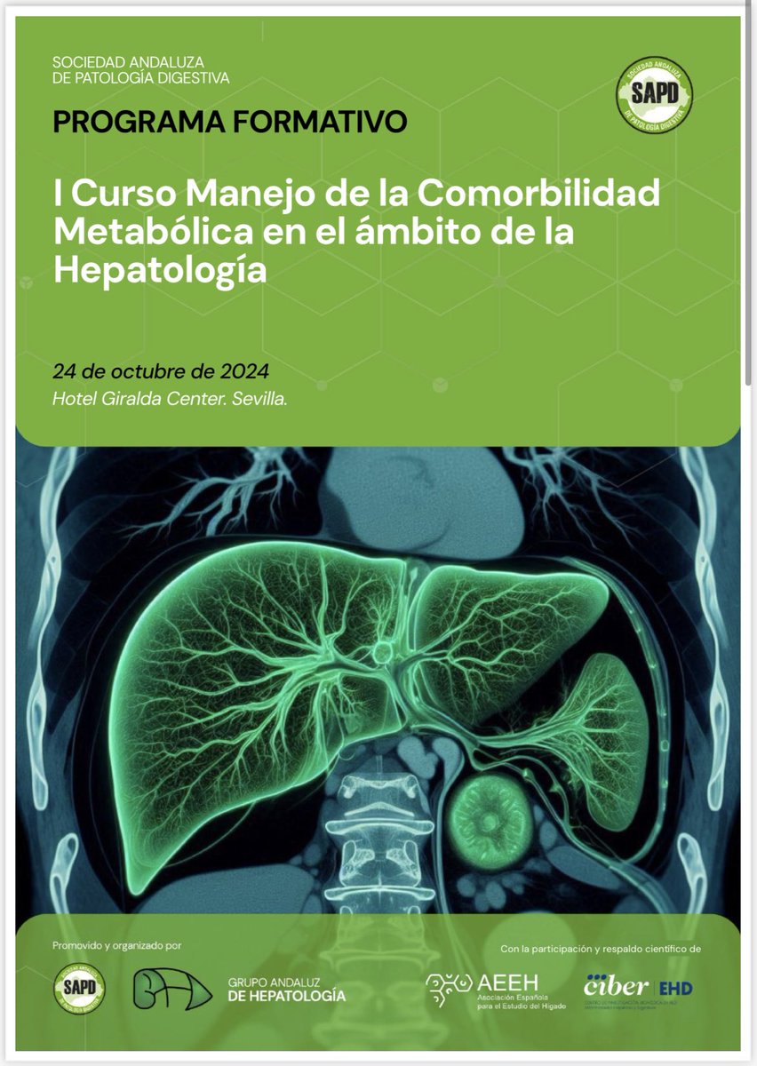 AEEHLiver's tweet photo. 🟠¡Te recomendamos otro de nuestros cursos avalados!
📆El 24 de Octubre, el @Dr_Ampuero (director del Registro #HepaMet de la #AEEH) coordina en Sevilla el I Curso Manejo de la Comorbilidad Metabólica en el ámbito de la #Hepatología que organiza la @sapdes. Tienes más info aquí: 👉https://t.co/NpFGsouOi7 ¡Estaremos atent@s!
#livertwitter #formación