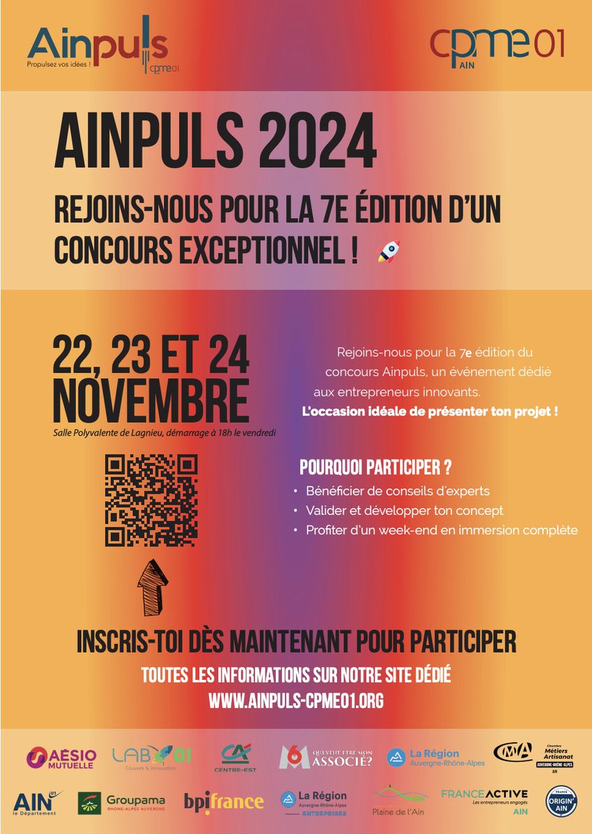 CPMEAin's tweet photo. Inscriptions ouvertes pour la 7ᵉ édition d’Ainpuls ! 
Nous dévoilons l’affiche officielle et remercions nos partenaires pour leur soutien 🙏

📅 Concours : 22-24 nov 2024
⏳ Inscriptions jusqu’au 14 nov
🔗 https://t.co/wyjATfJGpF https://t.co/0xa8VBEoQ9