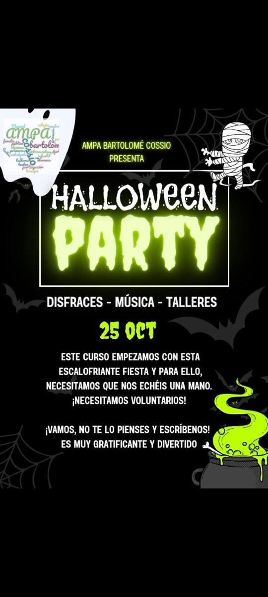 #Halloween👻 | El próximo 25 de octubre celebramos 🎃Halloween🎃. ¿Te gustaría ser parte del evento más terrorífico del curso?

Necesitamos 15 voluntarios para poder organizar la fiesta de Halloween.
Se celebrará el viernes de 16:00 a 18:00. 

¡Os esperamos!