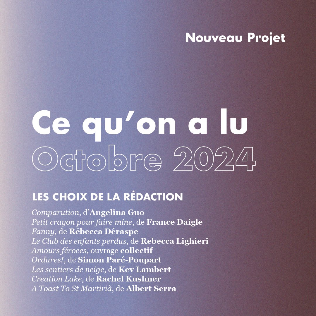Ce qu’il faut lire ce mois-ci, selon l’équipe de Nouveau Projet. 

atelier10.ca/nouveauprojet/…