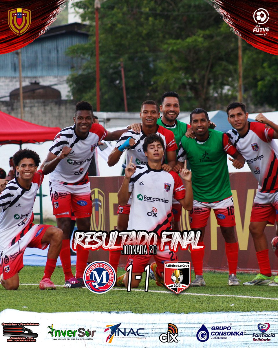¡𝑮𝑨𝑹𝑹𝑨 𝑯𝑨𝑺𝑻𝑨 𝑬𝑳 𝑭𝑰𝑵𝑨𝑳, 𝑺𝑬𝑮𝑼𝑰𝑴𝑶𝑺 𝑺𝑼𝑴𝑨𝑵𝑫𝑶! 😤

#LigaFUTVE2  | J26 | Final del partido. 

Deportivo Miranda 1-1 Atlético La Cruz 

Marco Coronado 41’ 
X
⚽️ José Quijada 90’ 

🏟 Polideportivo Arnaldo Arocha 

#EstoEsLaCruz 🔴⚫️