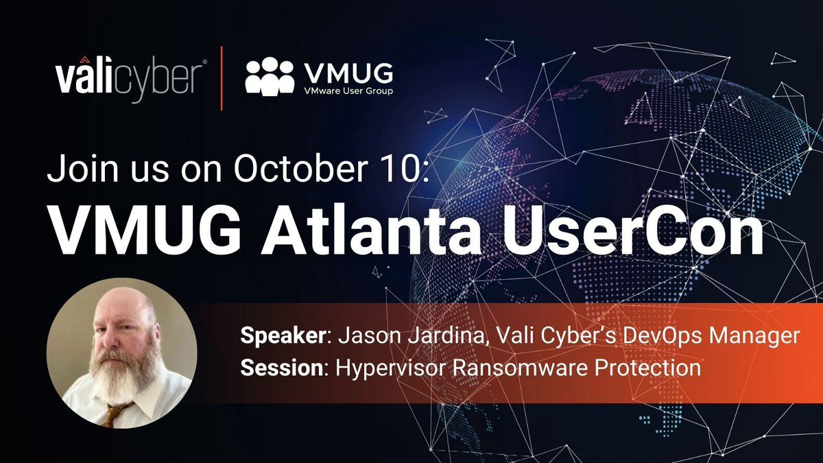 vali_cyber's tweet image. ⛳ We&apos;re at #VMUG Atlanta UserCon at Top Golf Midtown today!

Jason Jardina will be there to present on #Hypervisor #Ransomware Protection and teach you how to safeguard #ESXi.

Swing by our bay to chat with our team. See you there! #vcommunity #infosec #ZeroLock @MyVMUG