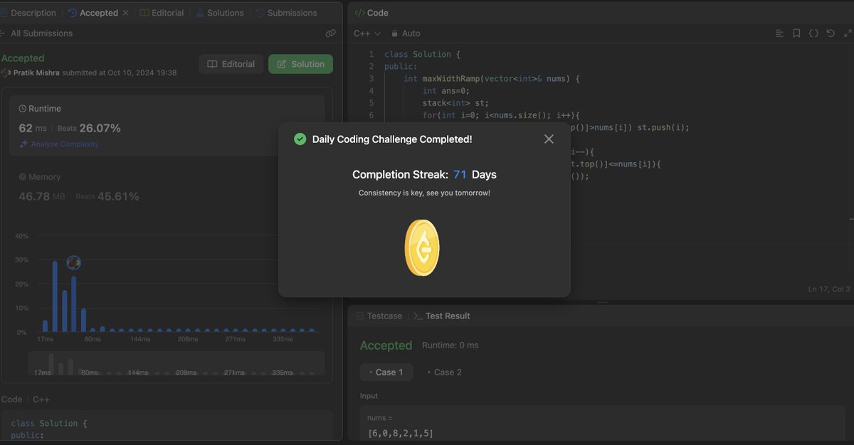 PratikMonk's tweet image. Day 88 #CrackYourPlacement: Caught a cold and fever since it’s been raining for the last 2 days 🌧️. Spent the day revising and solving daily problems on GFG and LeetCode. Also prepping for interviews next week. Gotta push through! 💪 #100DaysOfCode #DSA #LeetCode #InterviewPrep