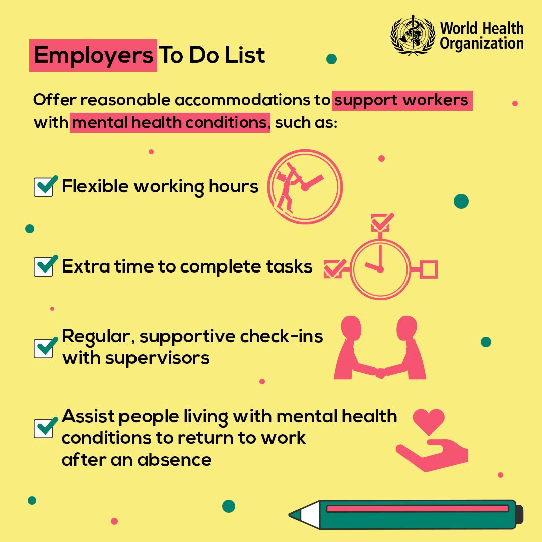 It’s #WorldMentalHealthDay
 
People living with #MentalHealth conditions should be supported to participate and thrive at work.
 
This is what employers can do to create work environments where everyone feels supported and valued.