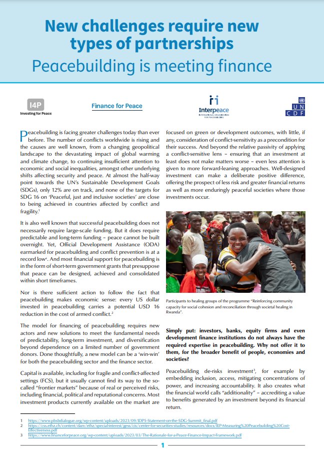 FinanceForPeace's tweet image. 💲🕊💡Addressing the financing challenge facing peace requires new types of partnerships
🤝That's why we work closely with @UNPeacebuilding & @UNCDF
🔎Read more: shorturl.at/7Ti6b
🖊 By Bettina Boekle, Aanchal Bhatia & Kawtar Zerouali
@InterpeaceTweet
#peacefinance #impact