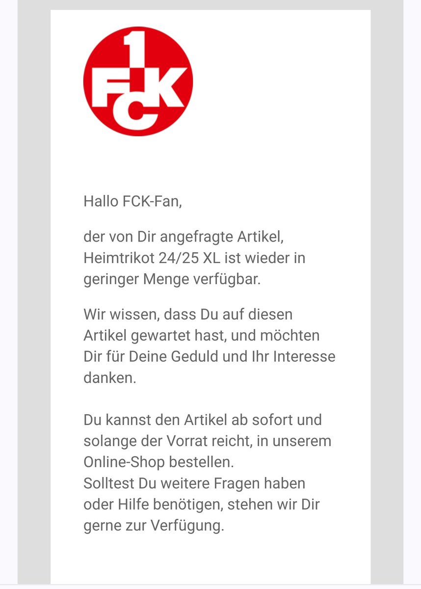 Wie viele Triokts habt ihr denn erhalten <a href="/Rote_Teufel/">1. FC Kaiserslautern</a> ? 4 Stück? Das ist echt ein Witz, schon wieder ausverkauft. Da dürft ihr euch etwas einfallen lassen. Es ist Mitte Oktober und das Trikot ist nicht verfügbar. #Betze