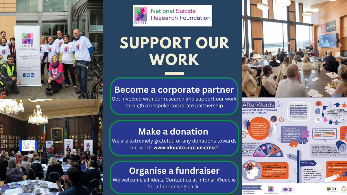 (1/2) Would you like to support the work of the National Suicide Research Foundation? 
 
Suicide and self-harm are critical public health issues globally. Research can help us understand the causes, the risk factors and protective factors associated with suicidal behaviour.
