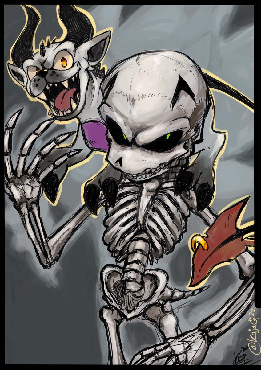 KajaG22's tweet photo. A friend of mine suggested a drawing idea where Nazo and Skellig swap physical forms

Had trouble with Skellig for some reason lol, and NOT anatomically correct cause it's been a while since I drew a skeleton and too lazy to clean it up but it's still neat

More spooky stuff soon https://t.co/EFUV44uxm2
