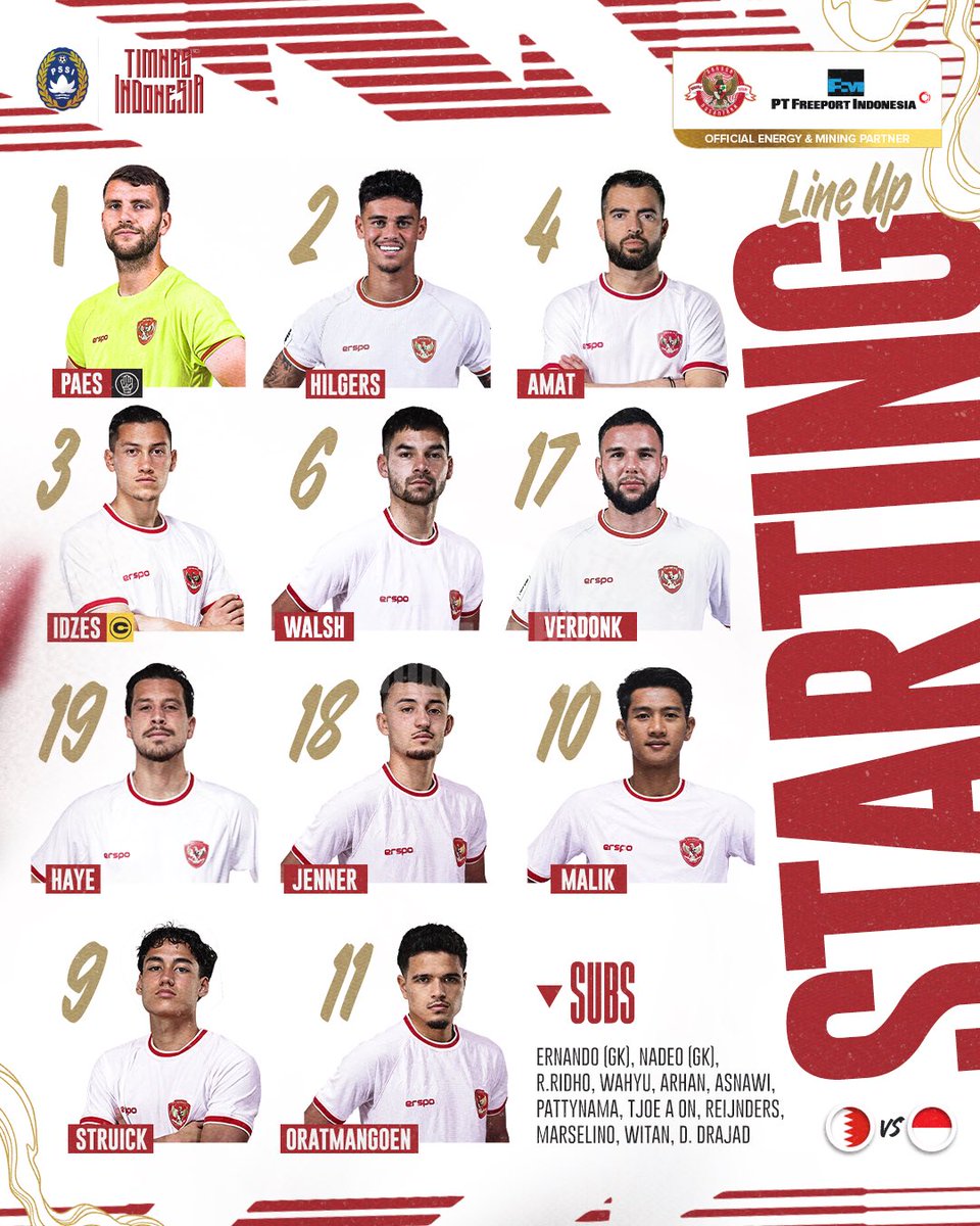 Your 1️⃣1️⃣ Garuda’s to take on Bahrain. 🇮🇩🦅

‣ #GarudaMendunia ‣ #TimnasDay