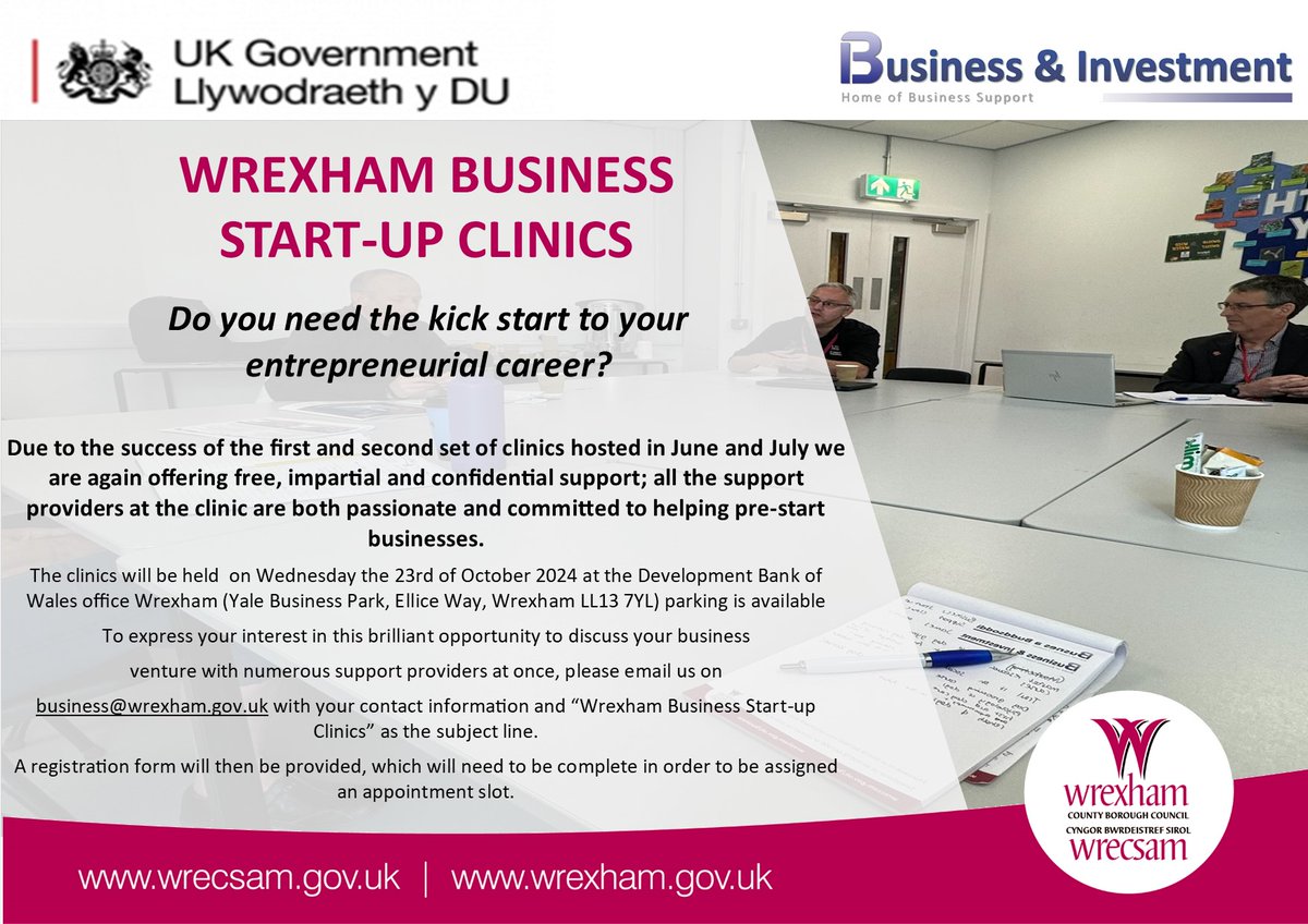 Business and Investment - Wrexham Council (@wxmbizsupport) on Twitter photo Do you have big business aspirations?
Do you want to start an entrepreneurial journey?
Are you unsure where to start?
Speak with our business and investment team and outside stakeholders in a private face-to-face appointment.
Contact us business@wrexham.gov.uk Do you have big business aspirations?
Do you want to start an entrepreneurial journey?
Are you unsure where to start?
Speak with our business and investment team and outside stakeholders in a private face-to-face appointment.
Contact us business@wrexham.gov.uk