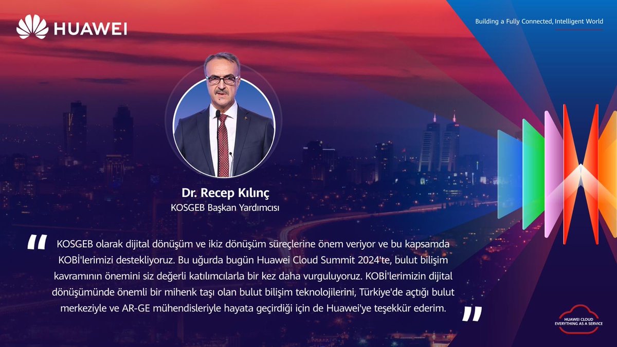 HuaweiTurkiye's tweet photo. KOSGEB Başkan Yardımcısı Dr. Recep Kılınç, Huawei Cloud Summit Türkiye 2024'te bulut bilişime dair düşüncelerini aktardı.
#Huawei #HuaweiCloud #HuaweiCloudSummit #HuaweiCloudSummitTürkiye2024 #InLocalForLocal https://t.co/lEyXAGD4tG