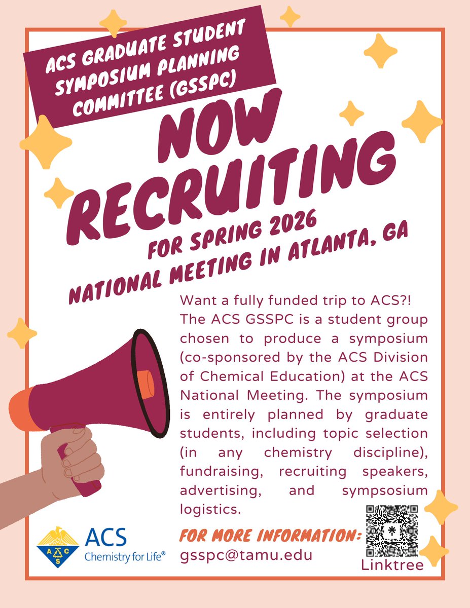 tamugsspc's tweet image. We are looking to recruit the next Spring GSSPC! In this role, you will have the opportunity to select the symposium topic, plan, advertise, and recruit speakers and sponsors of your choice. Check out the QR code on the flier for more information! #acs #chemistry #gsspc