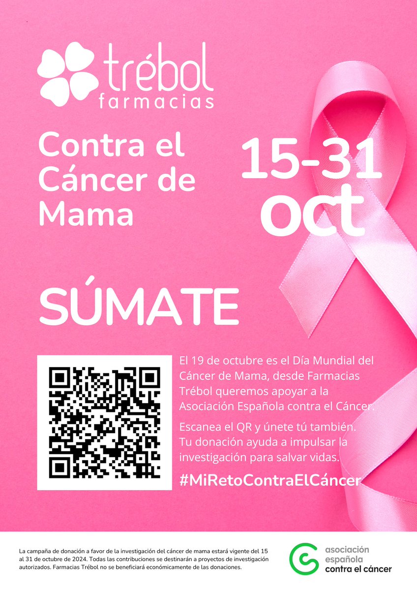 Farmacias Trébol 🍀 (@farmaciastrebol) on Twitter photo 🚺💖 ¡Juntos por la causa!
Desde Farmacias Trébol, invitamos a todos a unirse del 15 al 31 de octubre en apoyo a la investigación contra el cáncer de mama con <a href="/ContraCancerEs/">Asociación Española Contra el Cáncer</a>
▶️sumate.mireto.contraelcancer.es/campaigns/FARM…
#MiRetoContraElCáncer 🎗️ 🚺💖 ¡Juntos por la causa!
Desde Farmacias Trébol, invitamos a todos a unirse del 15 al 31 de octubre en apoyo a la investigación contra el cáncer de mama con <a href="/ContraCancerEs/">Asociación Española Contra el Cáncer</a>
▶️sumate.mireto.contraelcancer.es/campaigns/FARM…
#MiRetoContraElCáncer 🎗️