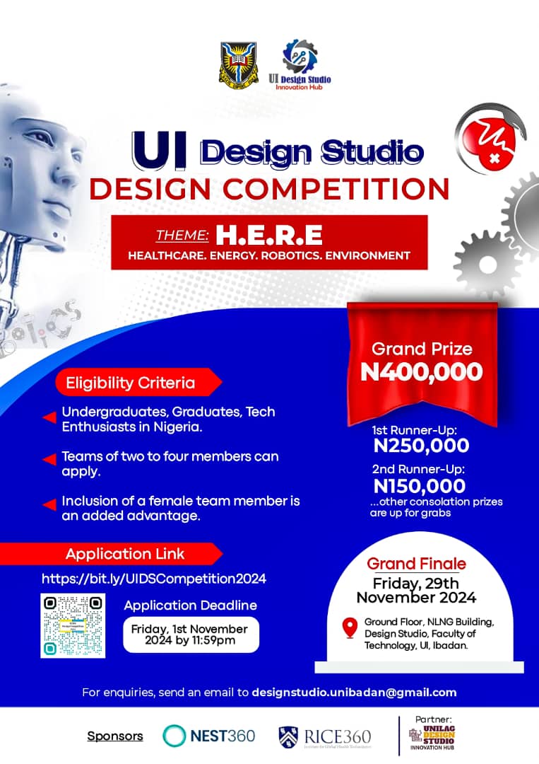 University of Ibadan Design Studio (@ui_designstudio) on Twitter photo 🚀 Join the Innovation Revolution!
Are you ready to make a lasting impact with your engineering prowess?
Step up to the challenge and participate in the <a href="/ui_designstudio/">University of Ibadan Design Studio</a> Design Competition 2024!
Kindly check the attached flyer for full details. #DesignCompetition #Innovation 🚀 Join the Innovation Revolution!
Are you ready to make a lasting impact with your engineering prowess?
Step up to the challenge and participate in the <a href="/ui_designstudio/">University of Ibadan Design Studio</a> Design Competition 2024!
Kindly check the attached flyer for full details. #DesignCompetition #Innovation