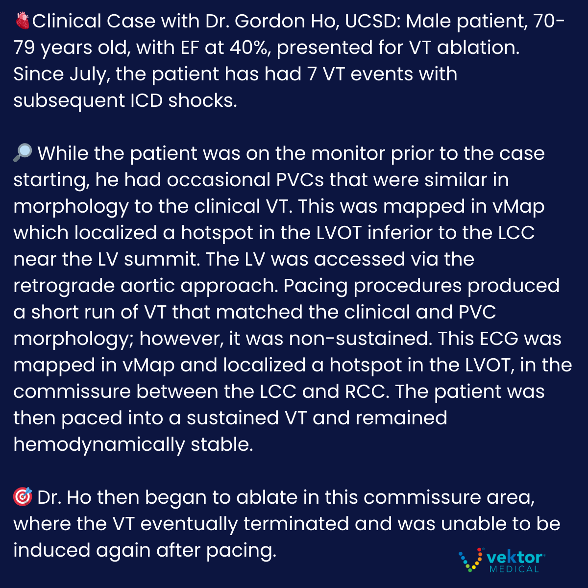 VektorMedical's tweet image. 🫀Clinical Case with Dr. Gordon Ho, UCSD:  Male patient, 70-79 years old, with EF at 40%, presented for VT ablation. Since July, the patient has had 7 VT events with subsequent ICD shocks.

Details ⬇️

#epeeps #cardiology #EPLab #VT
