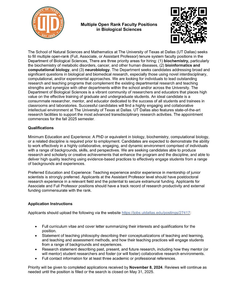 My department <a href="/UTD_Biology/">UT Dallas Biology</a> has 3+ open positions of tenure-track or tenured faculty. Apply by Nov 8th, 2024. jobs.utdallas.edu/postings/27417
Three priority areas:  Biochemistry, Computational Biology and Neurobiology. All areas of biology will be considered. Come join us!
