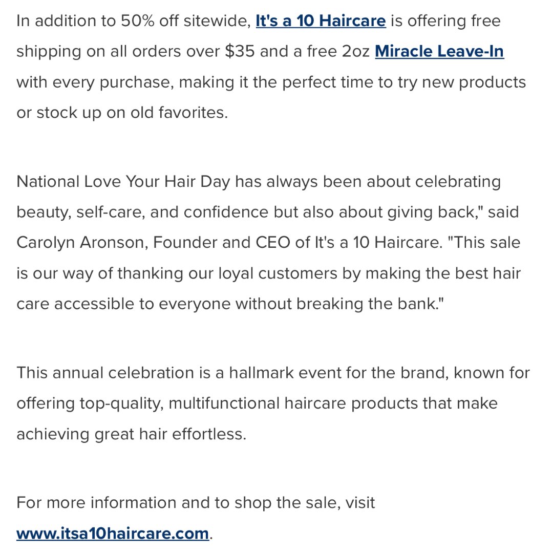 Itsa10CEO's tweet photo. Happy eight years of #NationalLoveYourHairDay!  8️⃣💜✨   
National Love Your Hair Day has always been about celebrating embracing your individual beauty, self-care, and confidence but also about giving back. To celebrate we are having a 50% OFF SITEWIDE promotion. This sale is our way of thanking our loyal customers by making the best hair care accessible to everyone without breaking the bank. 

Celebrate with me by commenting your favorite #itsa10haircare products. 🫧 🧖‍♀️🧴✨   

Shop now at https://t.co/CV1tgPT5Kt for 50% off site wide until October 14th, 2024! Plus receive a sample of the 2oz Original Miracle Leave-In with every order. 💙 🛍️   

#itsa10 #haircare #loveyourhair #1010day #ceo #happyshopping