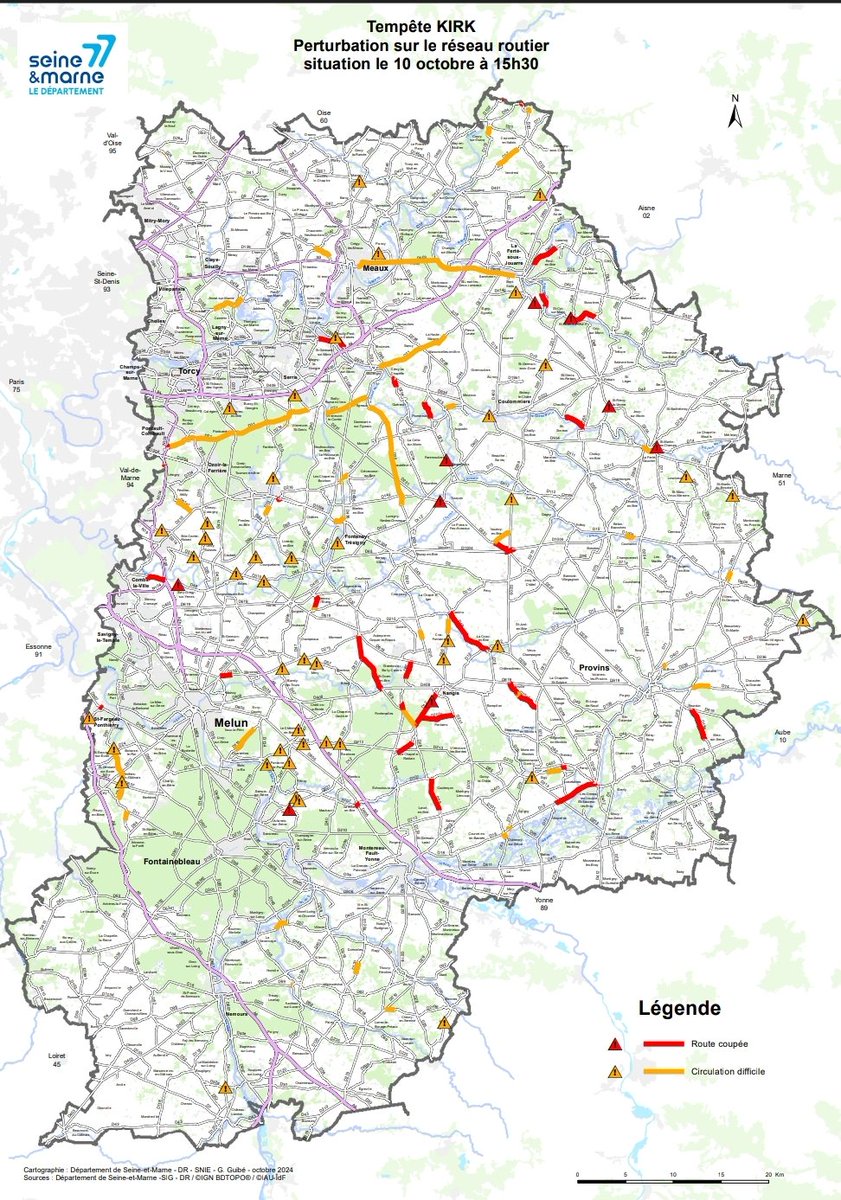 #inondations

⚠️La carte de perturbation du réseau routier en #SeineEtMarne actualisée le 10 octobre à 16h30 : 
 
 ❌49 routes départementales (RD) coupées ;
 🟠90 routes départementales avec une circulation difficile.
 
Point d'alerte sur les routes fermées :
👉RD 1004 :
