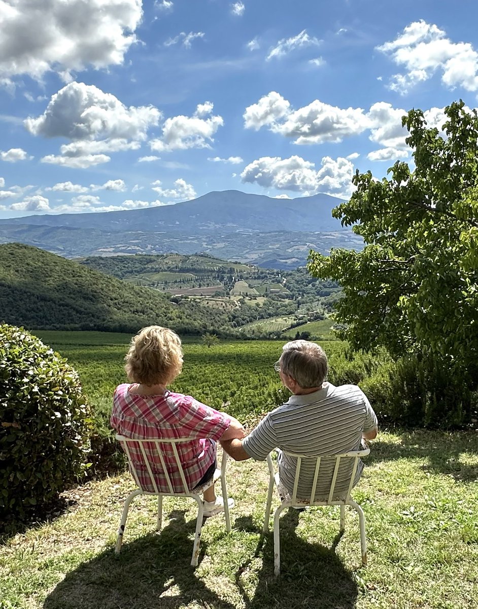 Day 6 of Rustic Tuscany 2024 began with a long ride through the beautiful countryside to La Magia. We tour the winery, then walk to behind their home for our tasting. We drink some Rosso &amp; a 17, 18, &amp; 19 Brunello vertical under a canopy of vines, &amp; suffer this view for 2 hours!