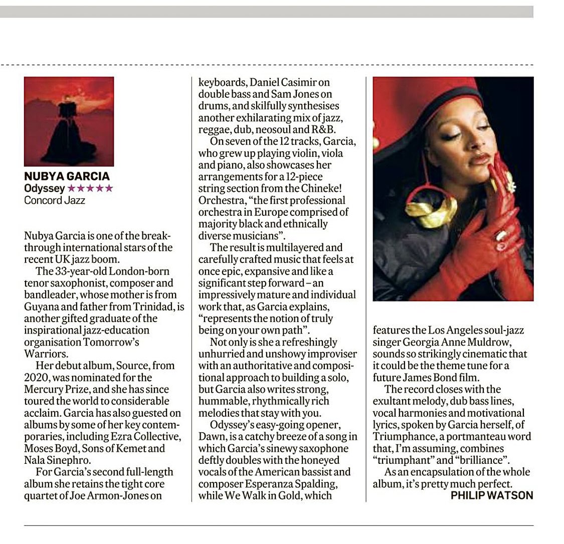 Philip Watson (@mrphilipwatson) on Twitter photo A review for <a href="/IrishTimesCultr/">Irish Times Culture</a> of Odyssey, the exhilarating new album by the London-born tenor saxophonist, composer and bandleader <a href="/nubya_garcia/">Nubya Garcia</a> – a multilayered mix of jazz, classical, dub, neo-soul and R&B. <a href="/ConcordJazz/">Concord Jazz</a> irishtimes.com/culture/music/… A review for <a href="/IrishTimesCultr/">Irish Times Culture</a> of Odyssey, the exhilarating new album by the London-born tenor saxophonist, composer and bandleader <a href="/nubya_garcia/">Nubya Garcia</a> – a multilayered mix of jazz, classical, dub, neo-soul and R&B. <a href="/ConcordJazz/">Concord Jazz</a> irishtimes.com/culture/music/…
