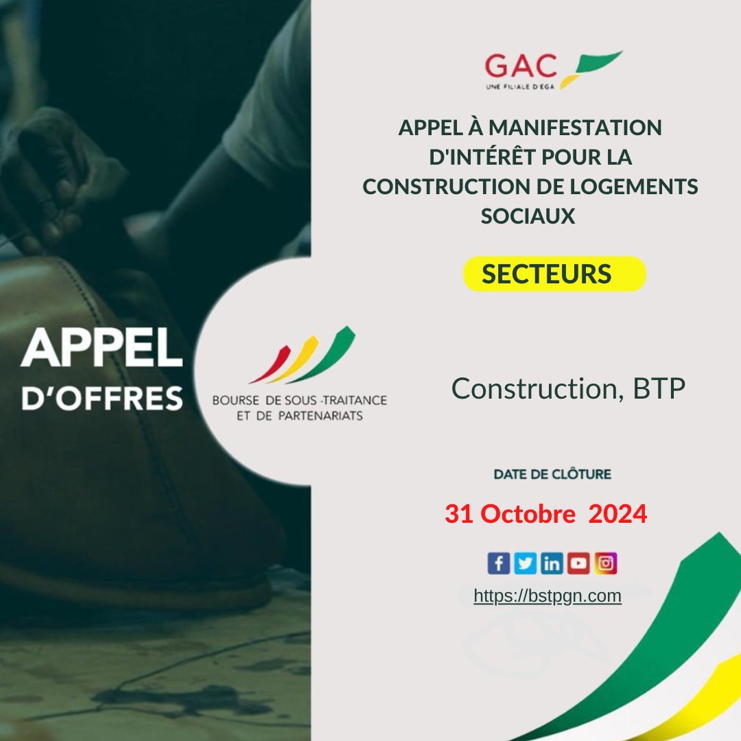 ⚠ Appel d’offres ⚠ 

CLIENT: @GAC

SECTEURS : Construction, BTP

Date de clôture : 31 octobre 2024.

*Comment s’inscrire ? *
 
☎ 625-63-21-77
 
🌍 bstpgn.com
 
 🏠 Dans nos locaux à Lambanyi

#BSTP #ContenuLocal #GAC