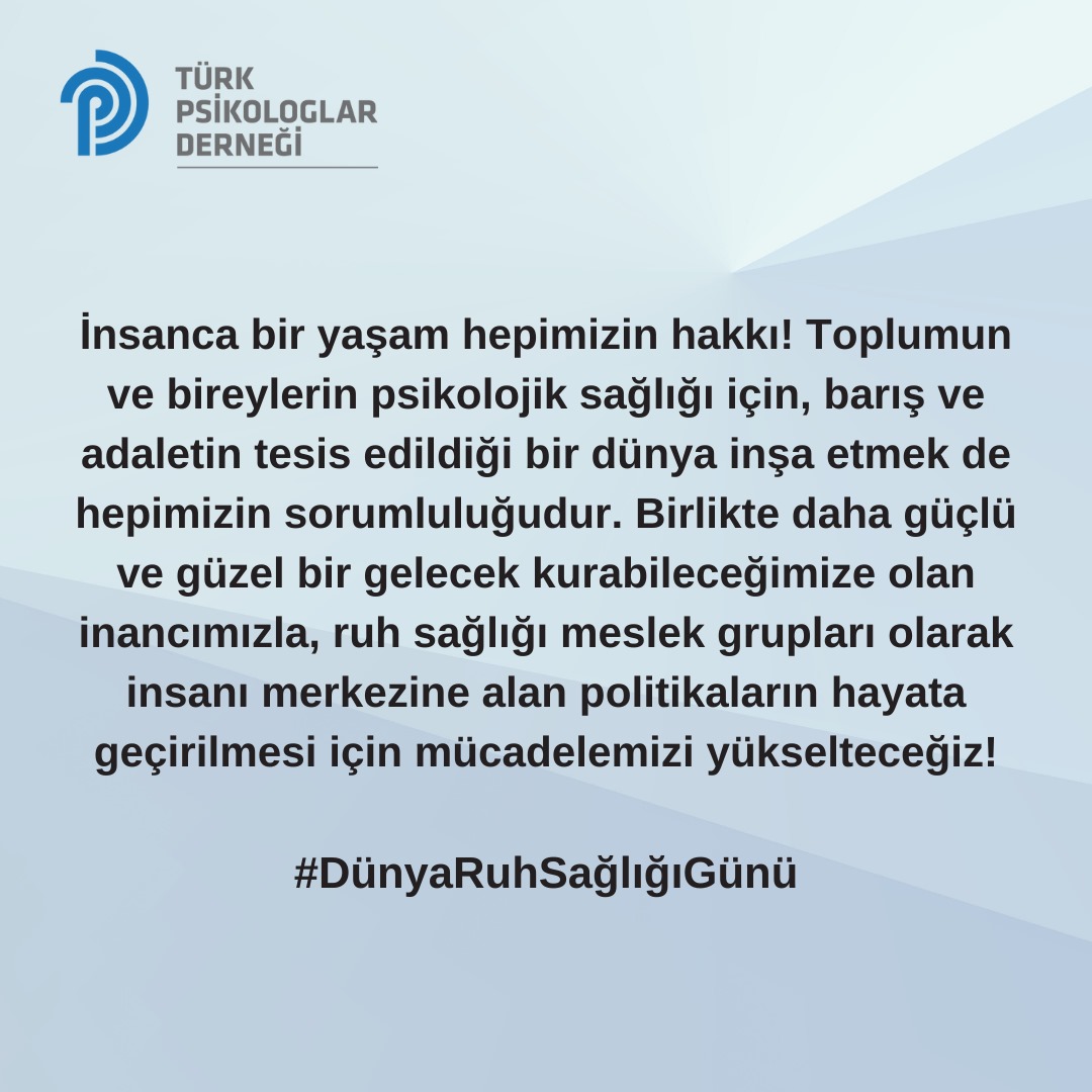 10 Ekim Dünya Ruh Sağlığı Gününde Türkiye Psikiyatri Derneği ile ortak görüşlerimizi kamuoyuna duyururuz. Birlikte insanı merkezine alan politikaların hayata geçirilmesi için mücadelemizi yükselteceğiz!
#DünyaRuhSağlığıGünü