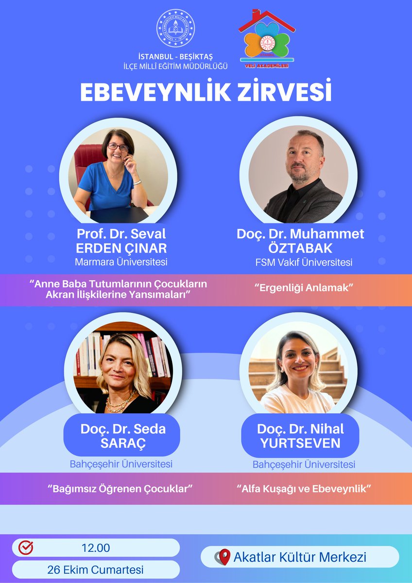 Beşiktaş İlçe Millî Eğitim Müdürlüğü olarak 2024-2025 Eğitim Öğretim yılında;
Veli Akademileri kapsamında 26 Ekim 2024 Cumartesi günü 12:00’de Akatlar Kültür Merkezinde “Beşiktaş Ebeveynlik Zirvesi”ni gerçekleştiriyoruz.

Prof. Dr. Seval ERDEN ile “Anne Baba Tutumlarının