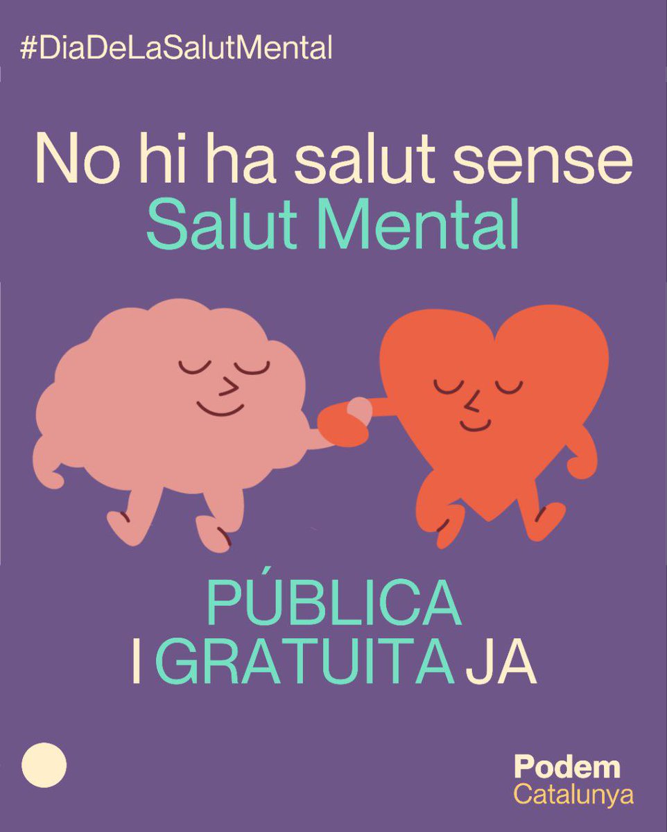 Des de l'àrea de sanitat <a href="/podem_cat/">Podem Catalunya</a> reivindiquem el dret a tindre una sanitat pública i universal que tingui cura dels més vulnerables, a la salut mental hi ha moltes mancances i hem de tindre cura perquè deixi de ser un estigma creant un llenguatge més inclusiu i proper.