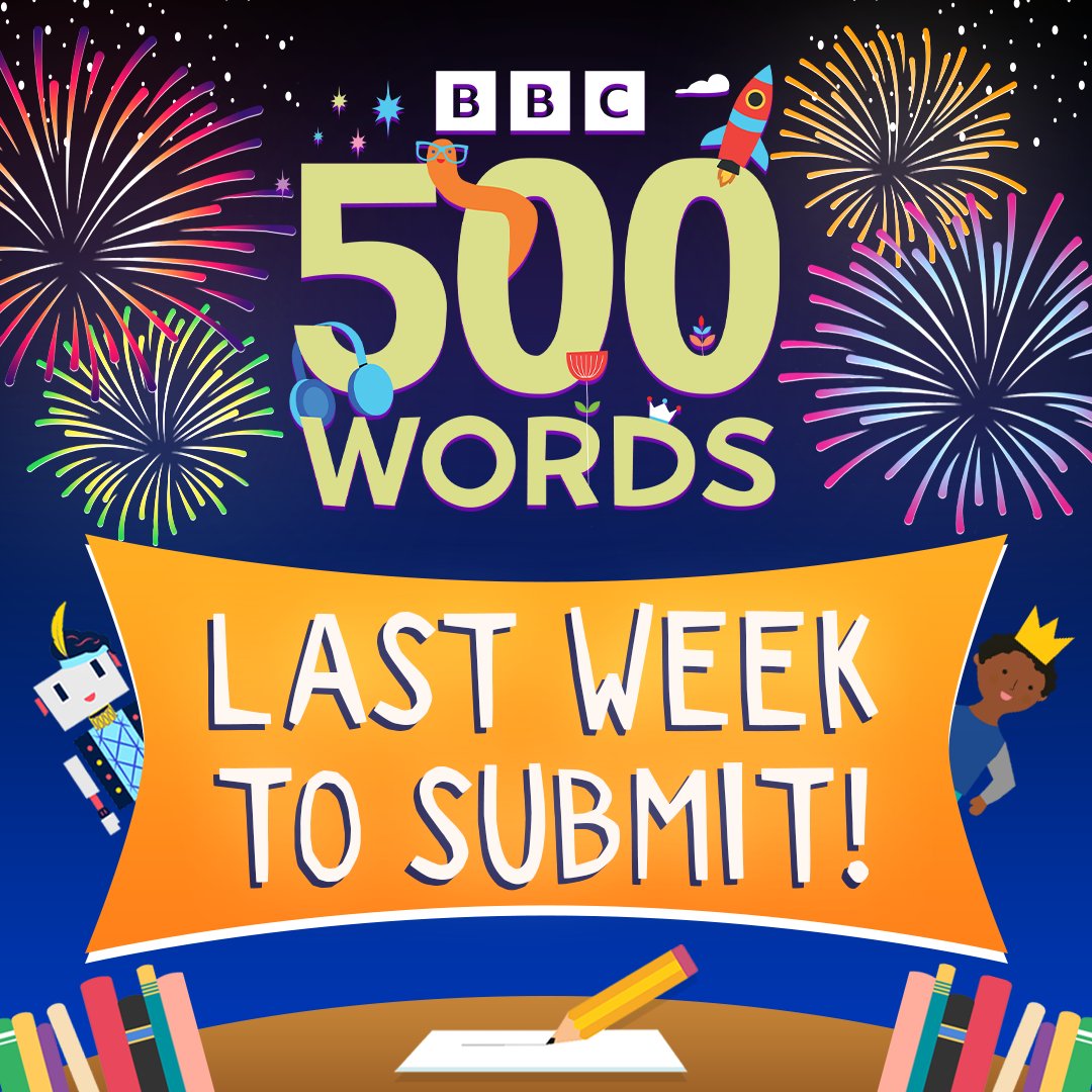 WorldBookDayUK's tweet image. Pens at the ready 🖊️There is one week left to submit the stories you want to read for #BBC500Words 2024. The competition closes 9pm Friday 8 November 2024. For more details and to read the Terms and Conditions and Privacy Notices go to bbc.co.uk/500words
