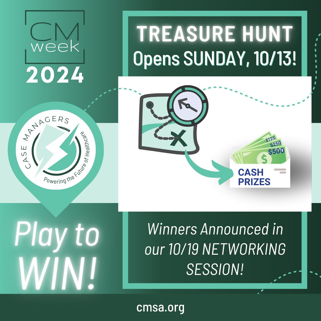CMSANational's tweet image. Get Ready for the #CMWeek2024 Treasure Hunt! Starting this Sunday, 10/13, dive into our fun and interactive Treasure Hunt for your chance to win cash prizes, including a $500 grand prize!
🔗cmsa.org/about/national…
#CMWeek #CMSATreasureHunt #CaseManagersRock #CaseManagement #CMSA
