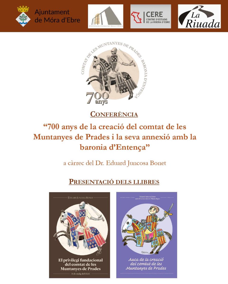 XERRADA: 700 ANYS DE LA CREACIÓ DEL COMTAT DE LES MUNTANYES DE PRADES I LA SEVA ANNEXIÓ A LA BARONIA D'ENTENÇA 

@bibliomoradebre  @ajmoradebre 

#MóraDEbre #CERE #HistòriaLocal #PatrimoniCultural #ComtatDePrades #BaroniaDEntença #HistòriaCatalunya #RiberaDEbre #Cultura