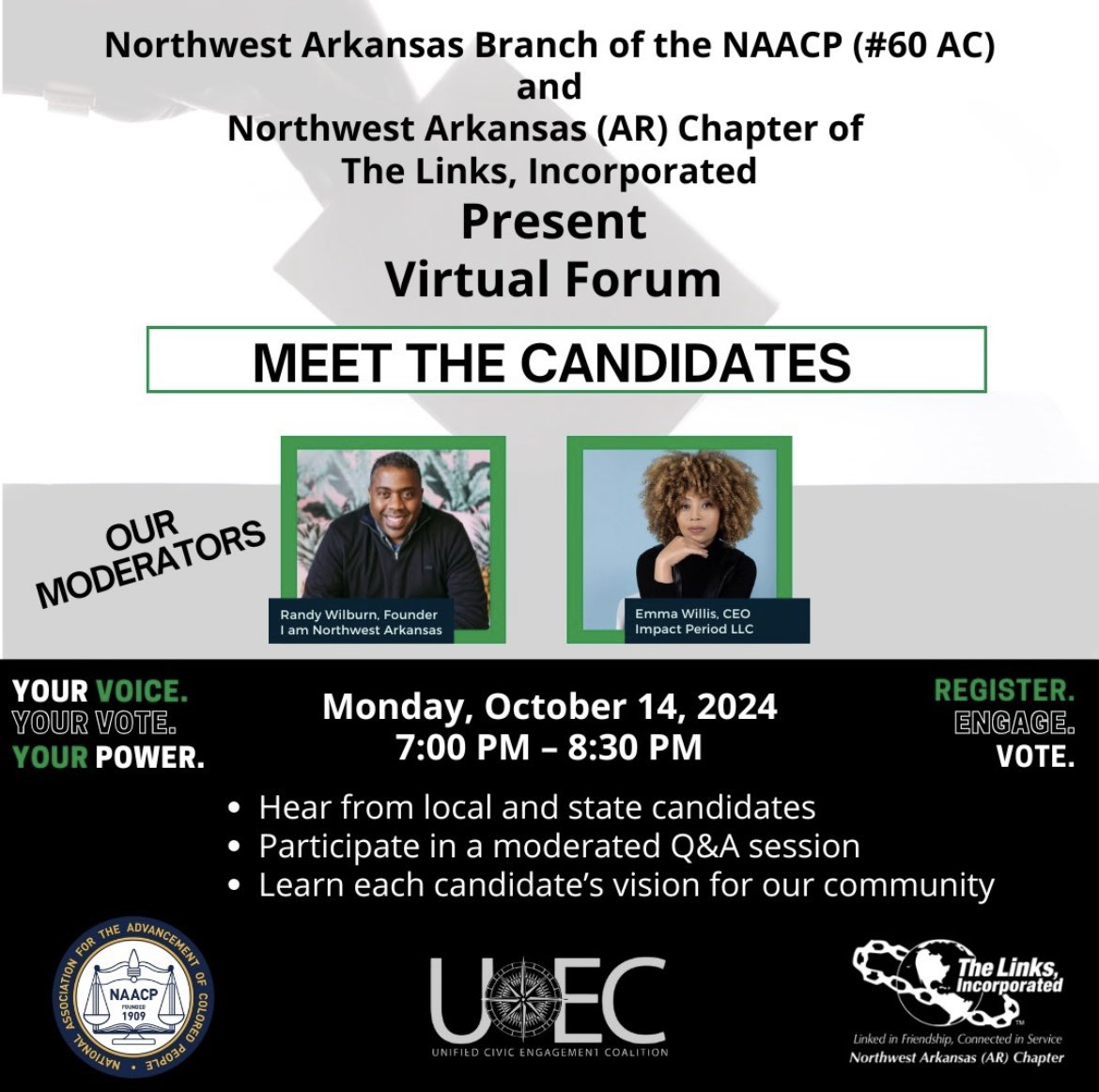 Meet the Candidate Forum:

Hear from local and state candidates running for office in Benton and Washington Co., and learn about their vision for the future of our community.

Register here:
lnkd.in/g8JAs-z3
#LinkUpTheVote #nwalinks #calinks #linksinc