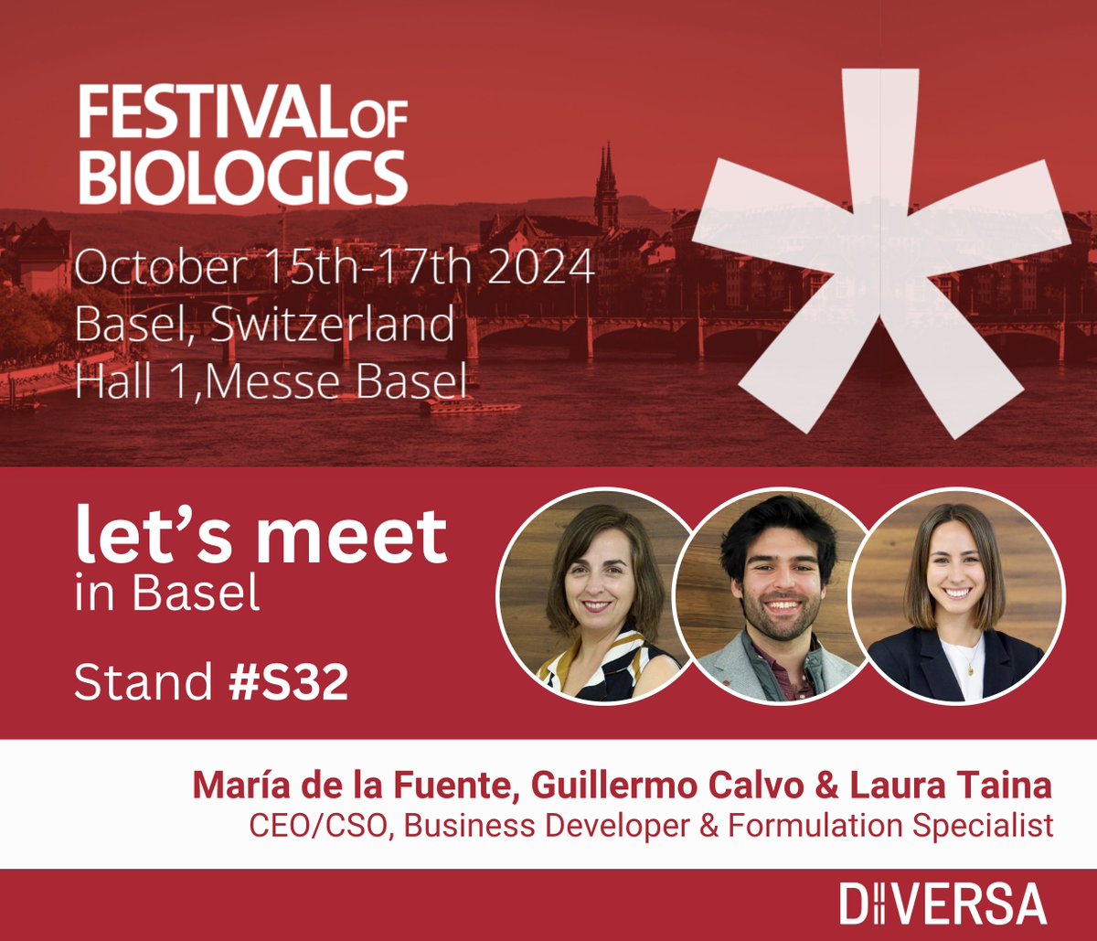 🎉Excited for the Festival of Biologics 2024 in Basel! 
At DIVERSA, we're ready to enhance your biomolecules with our Lipid Nanoparticles Platform.
Don’t miss the chance to explore new collaborations 👉 Book a meeting through the partnering website or visit us at Stand #S32! ✨