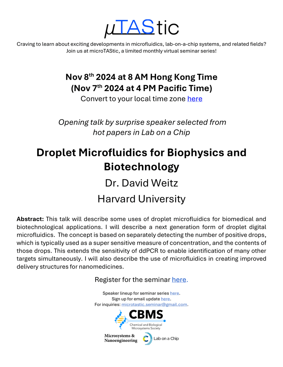 Lab on a Chip (@labonachip) on Twitter photo We are excited to announce our new partnership with microTAStic - a monthly limited webinar series!
David Weitz (<a href="/hseas/">Harvard SEAS</a>) will be giving a talk on Droplet Microfluidics for Biophysics and Biotechnology
Be sure to register soon: stanforduniversity.qualtrics.com/jfe/form/SV_6E… We are excited to announce our new partnership with microTAStic - a monthly limited webinar series!
David Weitz (<a href="/hseas/">Harvard SEAS</a>) will be giving a talk on Droplet Microfluidics for Biophysics and Biotechnology
Be sure to register soon: stanforduniversity.qualtrics.com/jfe/form/SV_6E…