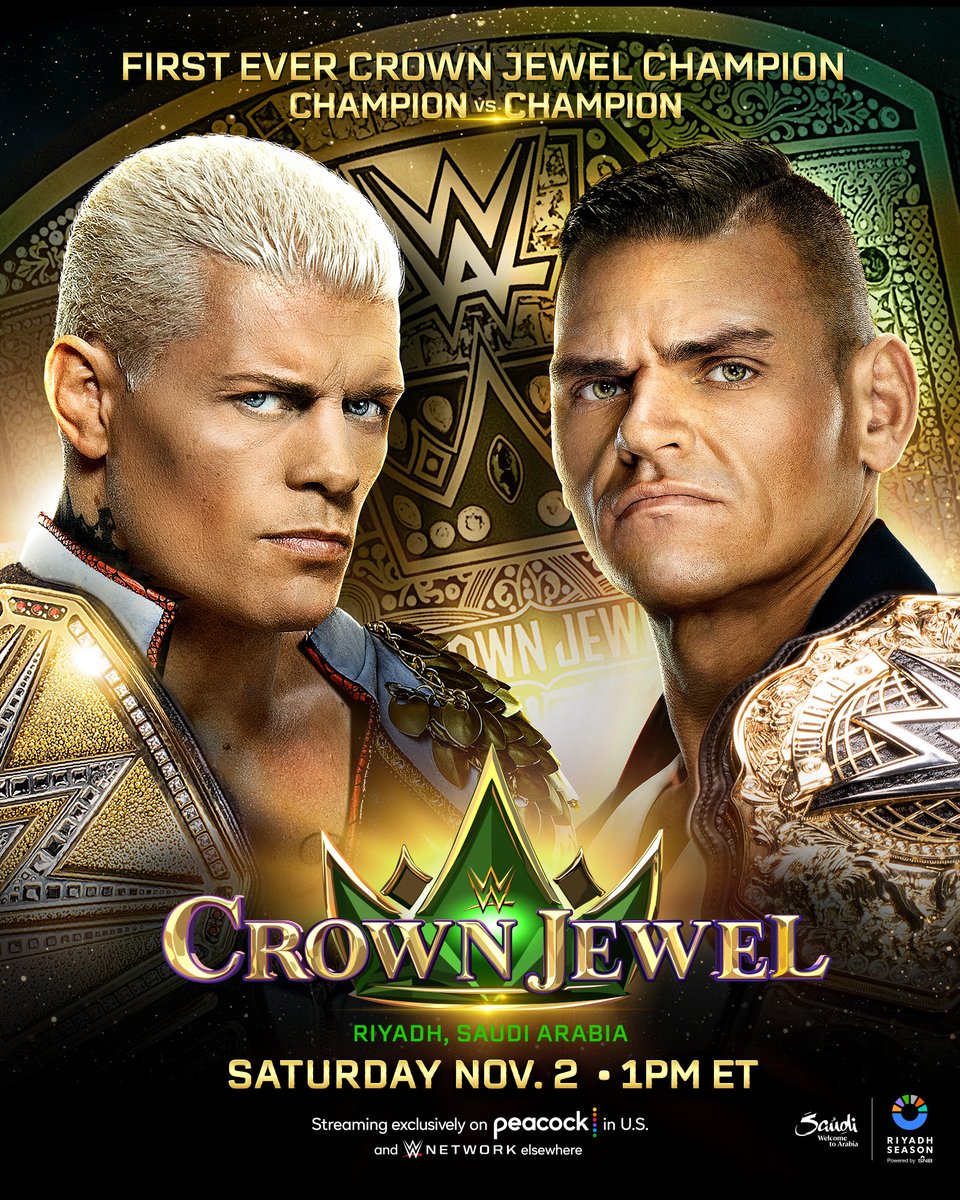 WWE's tweet image. CHAMPION vs. CHAMPION 

Who will leave Riyadh, Saudi Arabia as the first-ever #WWECrownJewel Champions on November 2nd? 🏆 👀 

@RiyadhSeason