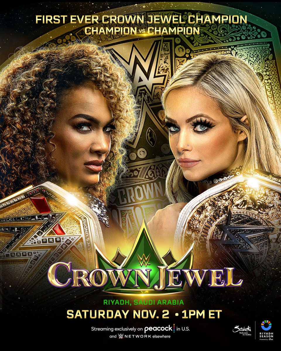 WWE's tweet image. CHAMPION vs. CHAMPION 

Who will leave Riyadh, Saudi Arabia as the first-ever #WWECrownJewel Champions on November 2nd? 🏆 👀 

@RiyadhSeason