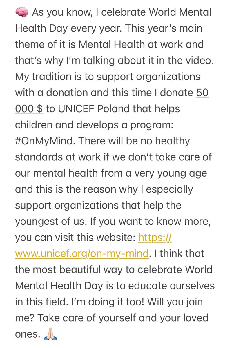 iga_swiatek's tweet image. My tradition every year 🙏🏻
Moja coroczna tradycja ⤵️
#worldmentalhealthday #mentalhealth #zdrowiepsychiczne @UNICEF_Poland