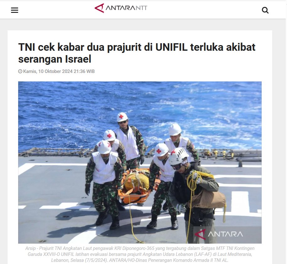 UPDATE ⚠️:

Indonesian Military #TNI is currently verifying reports that two Indonesian <a href="/UNIFIL_/">UNIFIL</a> peacekeepers were injured in the Israeli attack on UNIFIL HQ

According to <a href="/antaranews/">antaranews.com</a> the two peacekeepers are Pvt. Eggy Arifiyanto &amp; PFC. Nofrian Syah Putra

kupang.antaranews.com/berita/139706/…