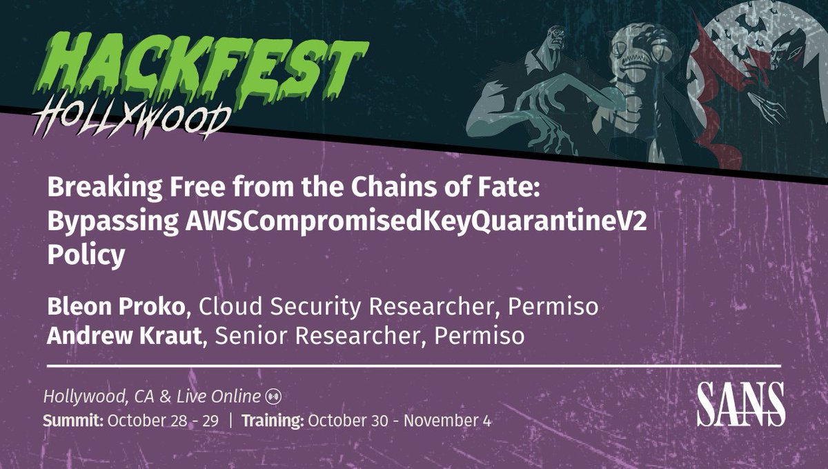 Join us at #SANSHackFest when <a href="/gl4ssesbo1/">Bleon Proko</a> &amp; Andrew Kraut discuss bypassing AWSCompromisedKeyQuarantineV2. Learn how attackers can still escalate, persist, and wreak havoc even after credentials are leaked.

➡️ View Agenda &amp; Save Your Spot: sans.org/u/1vBt

#CloudSecurity
