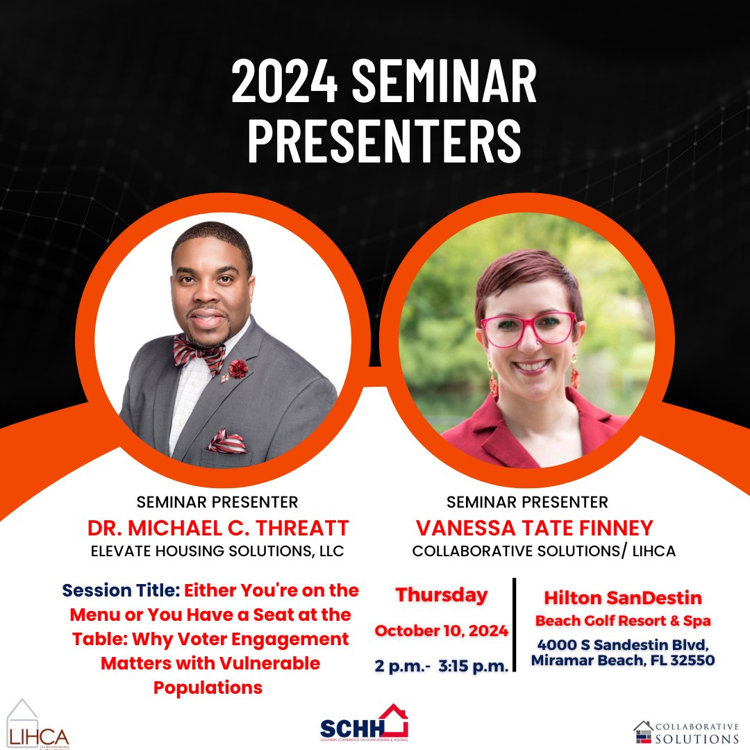 HousingElevate's tweet photo. You do not want to miss our Live Session at the #SCHH24  today on " Either You're on the Menu, or You Have a Seat at the Table: Why #VoterEngagementMatters with Vulnerable Populations."

Click the link to register: https://t.co/fHfvXXBT5V
#VotingRights #Educate https://t.co/Vtg3XkRAD4
