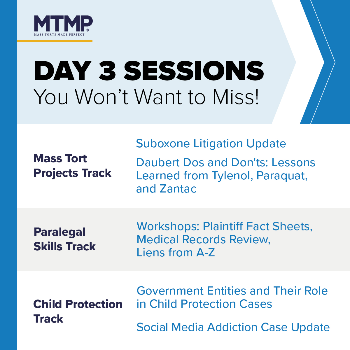 mtmpseminar's tweet image. It's the last day of #MTMPFall24!  Don't miss out on these important sessions from our #MassTort Projects Track, #Paralegal Skills Track and our new Child Protection Track.⚖️

Discover the latest session times in the #MTMP app.