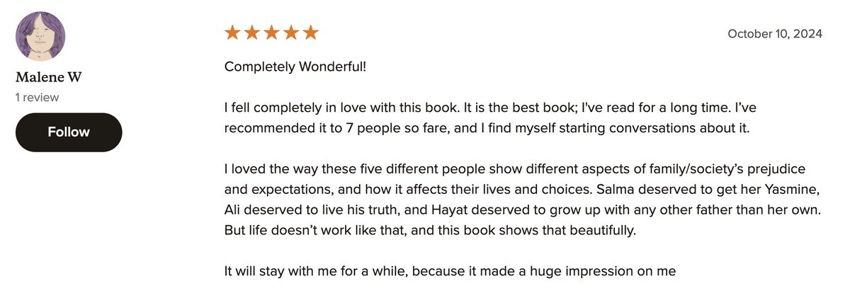 FadiZaghmout's tweet image. A new review and 5 stars for The Bride of Amman, from Malene in Denmark.

Makes me happy to see that this book leaves strong impressions on people around the world.

#booktoread #TheBrideofAmman
