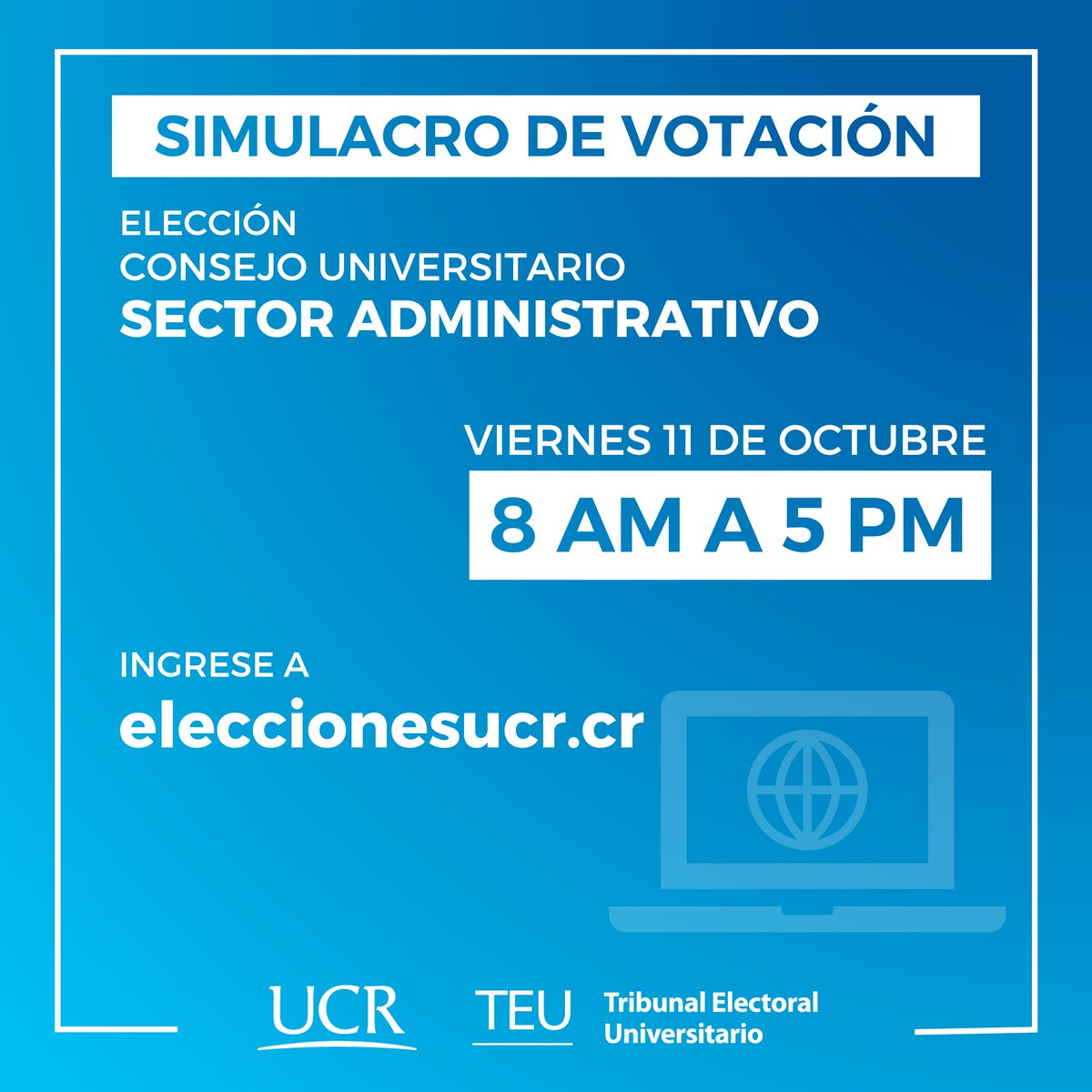 ¡Participe del simulacro de votación de la elección de la representación del Sector Administrativo en el Consejo Universitario! Ingrese a eleccionesucr.cr este viernes 11 de octubre 8:00 a.m. a 5:00 p.m.

🗳️🌻