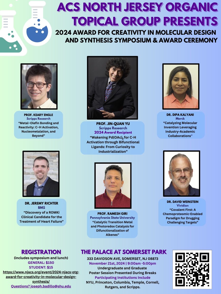 North Jersey ACS_Organic Topical Group (@njacs_otg) on Twitter photo 🚨Registration is open for the 2024 <a href="/AcsJersey/">North Jersey ACS</a> Award for Creativity in Molecular Design & Synthesis Symposium honoring Prof. Jin-Quan Yu from <a href="/scrippsresearch/">Scripps Research</a>. Nov. 21st, lnkd.in/e-yHs-px. Questions, email joseph.badillo@shu.edu. <a href="/NJACS_OTG/">North Jersey ACS_Organic Topical Group</a> <a href="/AmerChemSociety/">American Chemical Society</a> <a href="/YulabJin/">Yulab</a> 🚨Registration is open for the 2024 <a href="/AcsJersey/">North Jersey ACS</a> Award for Creativity in Molecular Design & Synthesis Symposium honoring Prof. Jin-Quan Yu from <a href="/scrippsresearch/">Scripps Research</a>. Nov. 21st, lnkd.in/e-yHs-px. Questions, email joseph.badillo@shu.edu. <a href="/NJACS_OTG/">North Jersey ACS_Organic Topical Group</a> <a href="/AmerChemSociety/">American Chemical Society</a> <a href="/YulabJin/">Yulab</a>